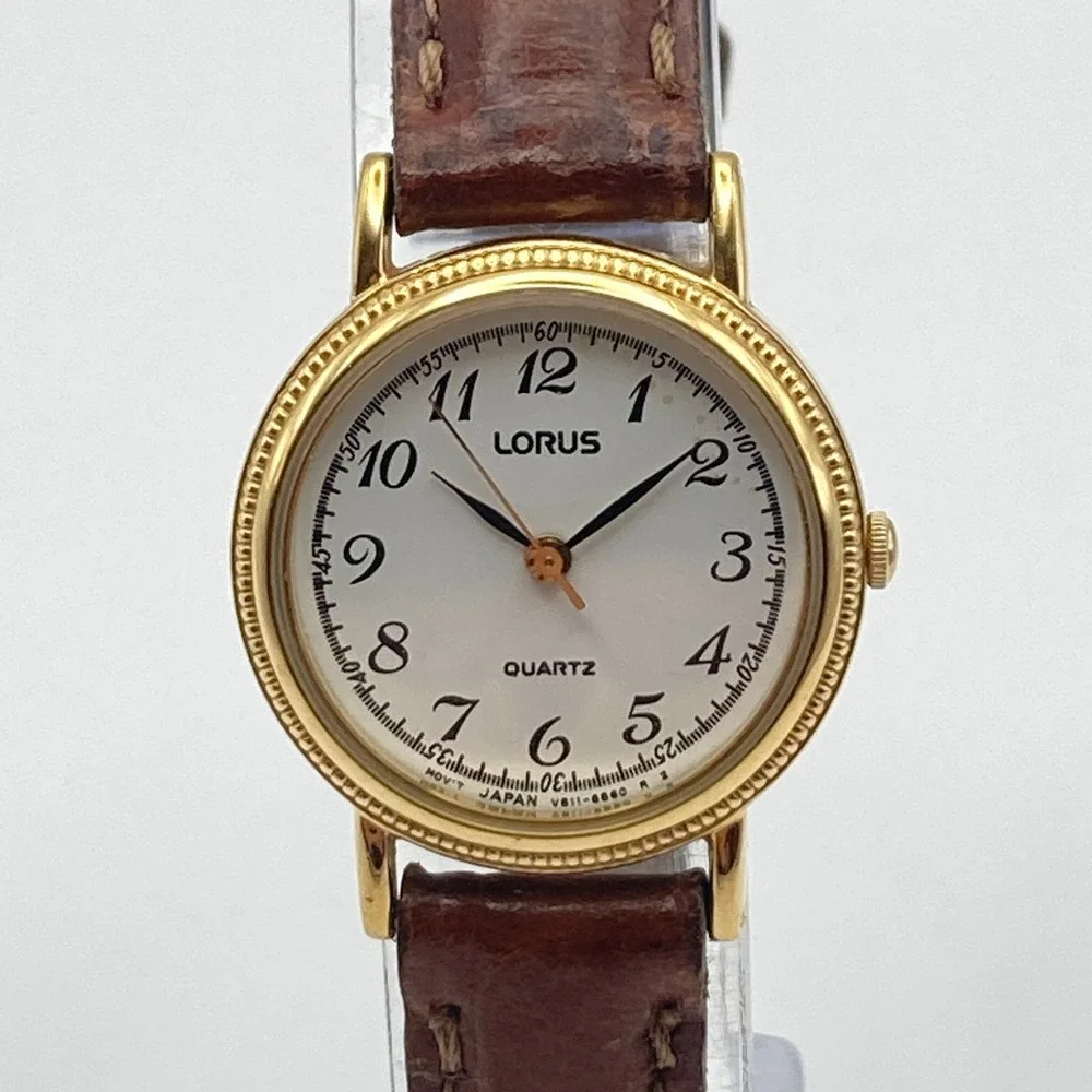 Vintage Lorus Women's Watch 24mm Gold Tone V811-1920 Brown Band New Battery 8.5